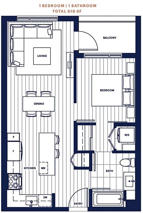 Floor plan for 1 bed, 1 bath, 577 sqft